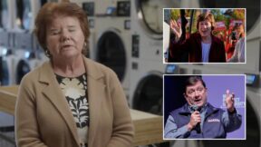 composite: woman in brown sweater in a laundromat; top inset susan collins; bottom inset troy jackson