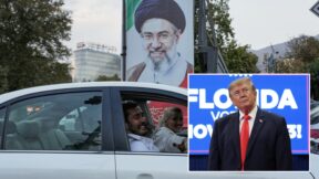 composite: people in a car holding up a portrait of khamenei (AP Photo/Vahid Salemi); inset trump (AP Photo/Jacquelyn Martin)